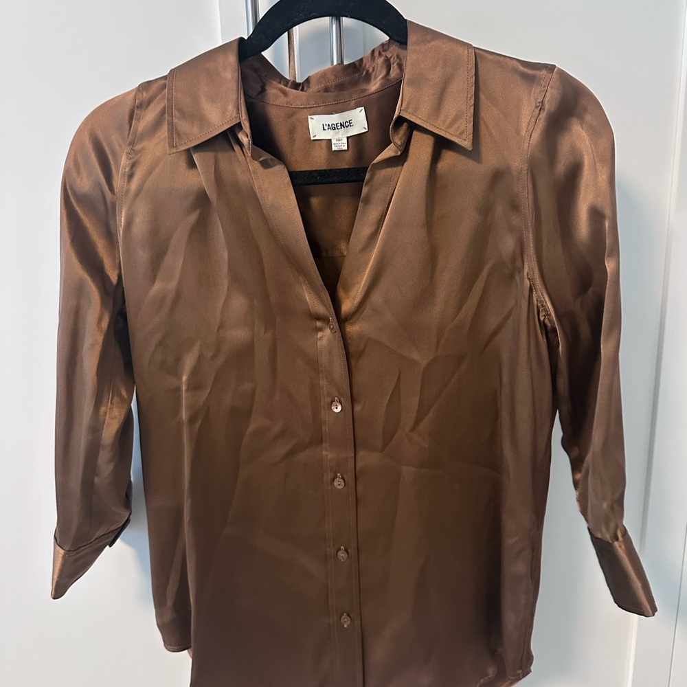 L'AGENCE Brown Satin Button-Up Women's Top